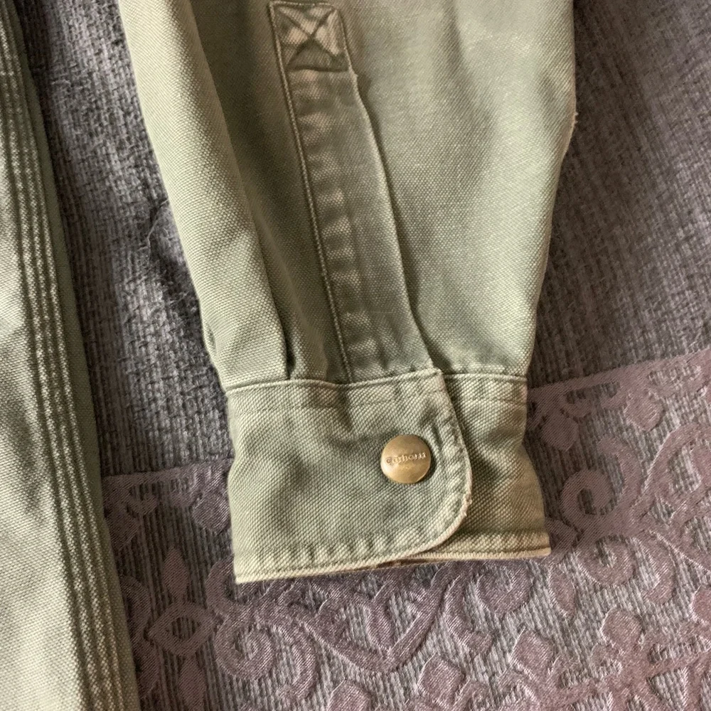 Vintage Carhartt Barn Jacket Khaki Green Cotton Canvas Flannel Lined Shacket - Picture 5 of 13